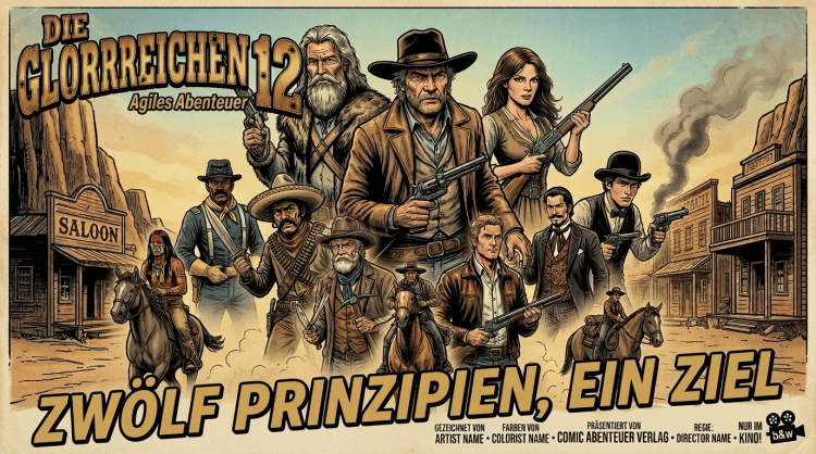 Cover of German comic 'Die Glorreichen 12' showing twelve armed characters ready for battle in a western town.